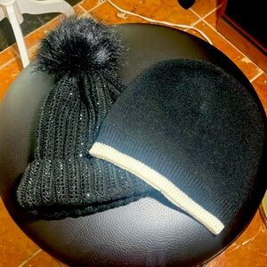 🖤🤍2 Black Asymmetric Knit Beanie Winter Hats 1 W/ White Border 1 W/Blk Stones